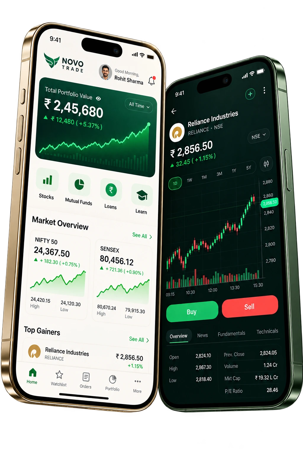Novo Trade portfolio and live trading app on two titanium smartphones